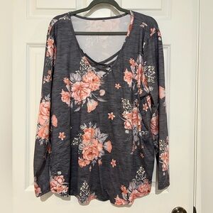 Floral Long Sleeve Top - Gray and Pink